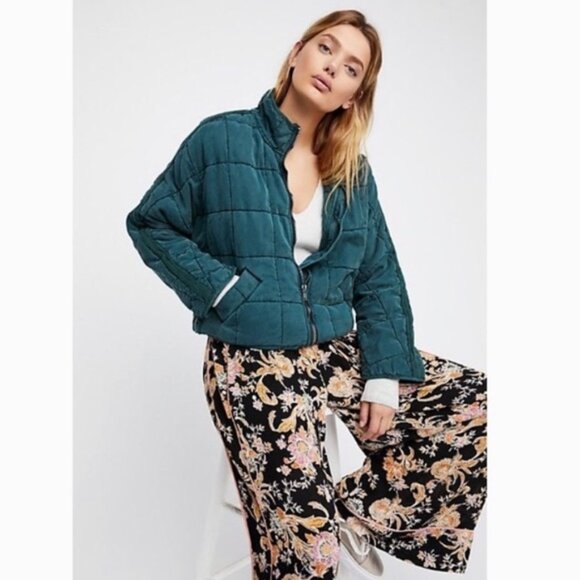 Free People Evergreen Green Blue Dolman Quilted Jacket Coat S Rare